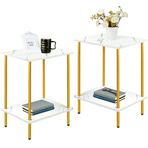 Gold End Tables Set Of 2, Faux Marble Side Table For Living Room, Bedroom Or Small Spaces, Small Nightstand With Storage Shelf, Easy Assembly, 2-Pack, Modern Style Accent Table #TOP27
