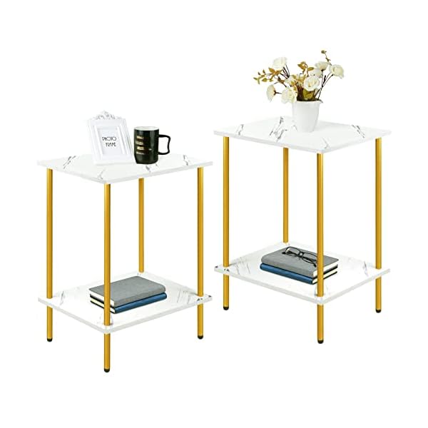 Gold End Tables Set of 2, Faux Marble Side Table for Living Room, Bedroom or Small Spaces, Small Nightstand with Storage Shelf, Easy Assembly, 2-Pack, Modern Style Accent Table