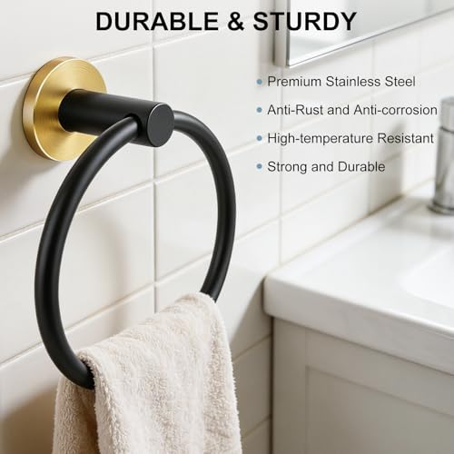 Image of SetSail Towel Holder for Bathroom Wall Stainless Steel Hand Towel Ring Heavy Duty Towel Hanger for Bathroom, Black and Gold