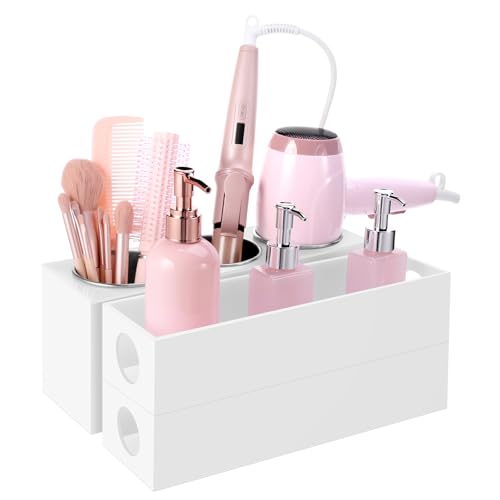 Hair Tool Organizer, White Hair Dryer Holder Countertop Removable Acrylic Hair Brush Storage Stand Bathroom Vanity Organizers for Curling Iron Hot Styling Tools Flat Iron Hair Styling Accessories
