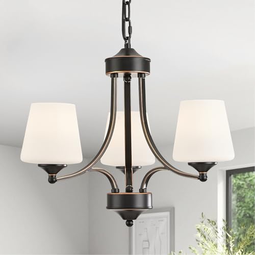 Image of 3 Light Farmhouse Chandelier with Milk White Frosted Glass Shades Black Dining Room Light Adjustable Height Ceiling Hanging Light Fixtures for Dinner Table, Kitchen Island, Entryway