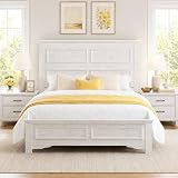 Decoholic Farmhouse Wooden Bed Frame,King Platform Bed with 64.2" Tall Headboard,Noise-Free,No Box Spring Needed,Easy Assembly,Reinforced Wood Slats (White)