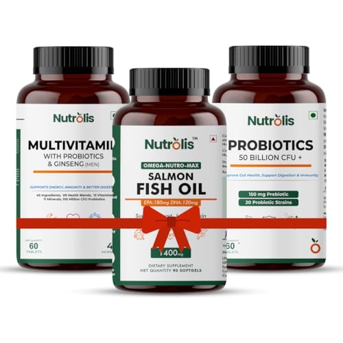 Image of Nutrolis Men's Health Combo - Multivitamin + Probiotics + Omega-3 Fish Oil | 3-in-1 Daily Supplement for Energy, Immunity, Gut & Heart Health | 3-Month Pack