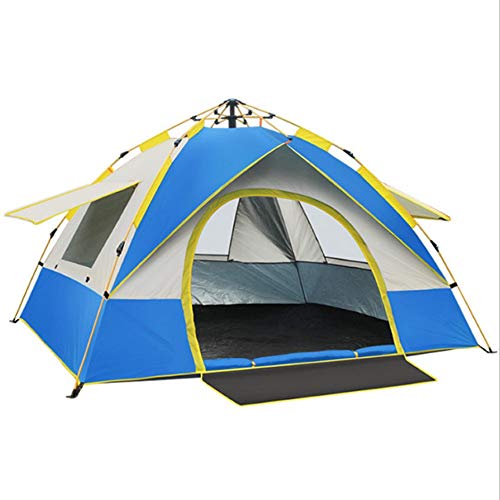 Tente de camping 3-4 personnes automatique bleue avec grande porte et fenêtres de pêche
