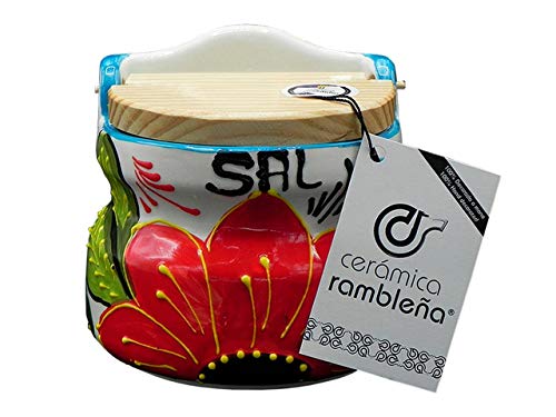 CERÁMICA RAMBLEÑA | Salero cocina | Salero con tapa de madera | Salero cerámica | Salero original | Decoración blanco-flor roja | 100% Decorado a Mano