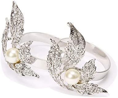 QUEENSHOW Authentic Golden Napkin Rings Set Kitchen Table Decor in Solid Stainless Metal for Wedding and Party, Leaves and Pearl 4 Pics