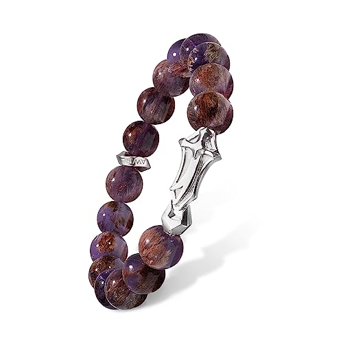 AWNL® Men's Beaded Bracelet Premium Sterling Silver Central Charm with Natural Gemstones Hawk Eye Amethyst Phantom Quartz (10mm) Elastic Cord Bracelet for Men, 5.5