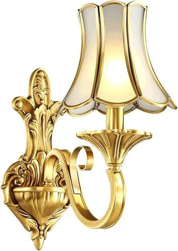 Aplique de Pared Europeo de Metal Color Vidrio Mate en Estilo clásico Lámpara de Pared Aplique de Pared Dorado V-intage con Vidrio Blanco,Lámpara de araña