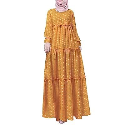 Abiti musulmani da donna con stampa a pois bohémien casual elegante abito culturale islamico abbigliamento culturale con tessuto chiffon fluido per occasioni estive, Giallo, S