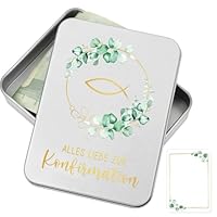 COMOOKA Alles Liebe zur Konfirmation Geldgeschenk, Kleine Metalldose mit Deckel 115x85x22mm Erinnerungsbox Erstkommunion Geschenk mit Eukalyptus und Fisch Geldgeschenke Verpackung