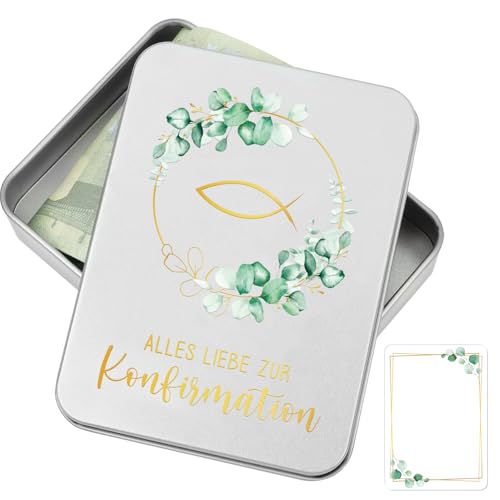 COMOOKA Alles Liebe zur Konfirmation Geldgeschenk, Kleine Metalldose mit Deckel 115x85x22mm Erinnerungsbox Erstkommunion Geschenk mit Eukalyptus und Fisch Geldgeschenke Verpackung