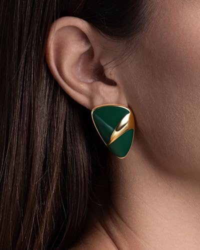 Dark Green Enamel Gold Shield Stud Statement Earrings for Women by SNGIA, Elegant Handmade Trendy Jewelry Gifts, Triangle Huggies Fashion Button Earrings Accessories, Vintage Thin Nickle Free Huggie Earrings.4