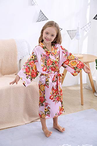 Timsophia Kids Satin Floral Kimono Robe-Flower Girl Bath Robe For Wedding Party Gift(Flower Pink,10) #TOP4