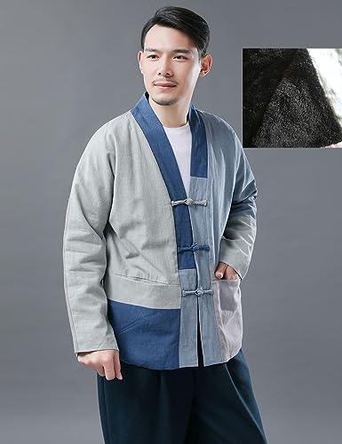 Mens Cotton Linen Patchwork Warm Fleece Lined Open Front Cardigan Frog Buttons Vintage Hippie Jacket3