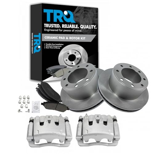 Image of TRQ Rear Brake Pad, Caliper, & Rotor Kit Ceramic Vented Compatible with 2005-2007 Ford F-250 Super Duty F-350 Super Duty