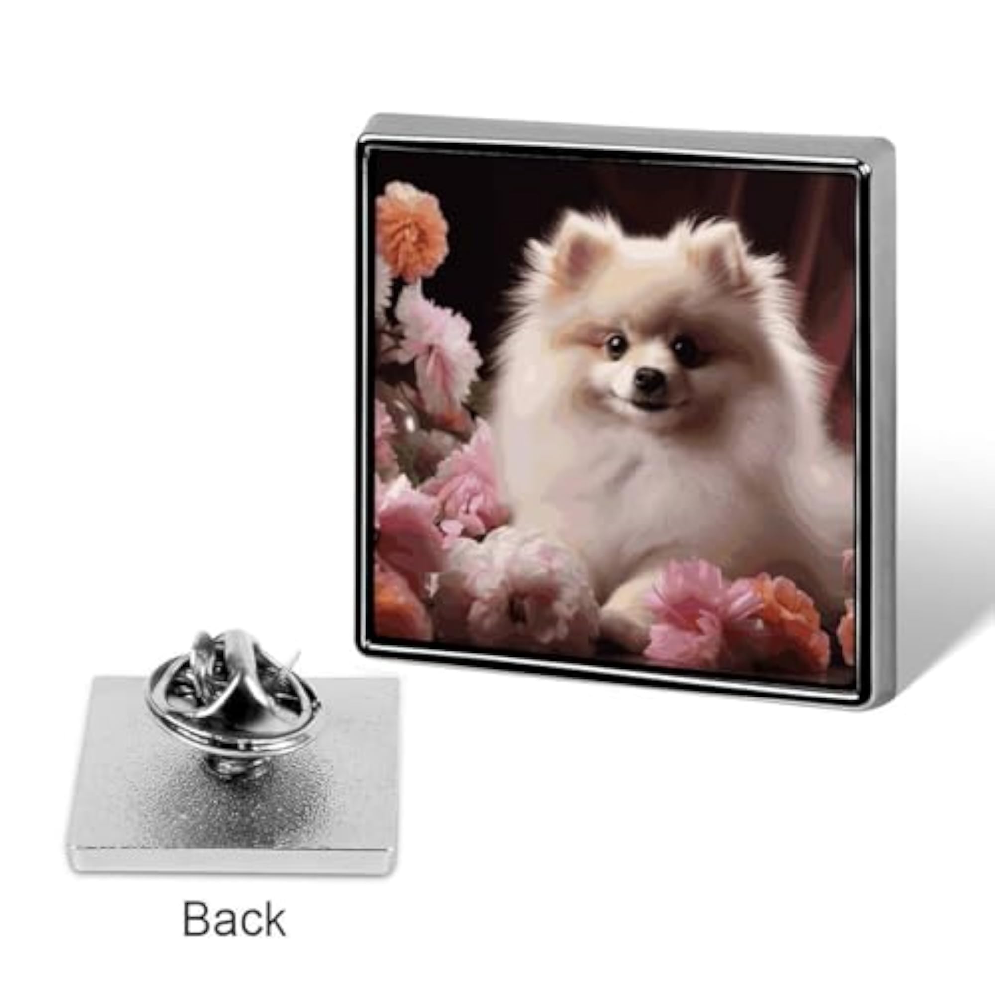 Pomeranian & Flowers Square Lapel Pin, Charming Accessory