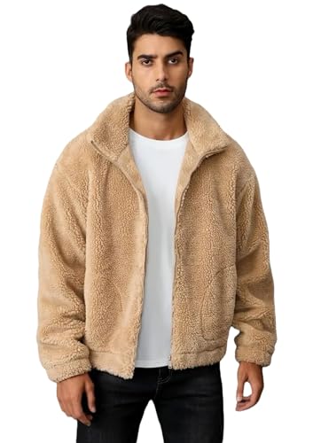 Image of BE SAVAGE Solid Sherpa Oversized Jacket Woolen Long Sleeves Zipper Hoodie For Men's