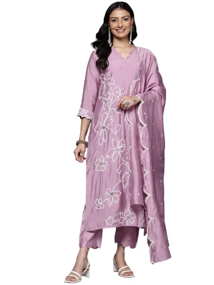 Image of Varanga Women's Silk Blend Kurta Set - Elegant Mauve Silk Kurta for Festive & Special Occasions