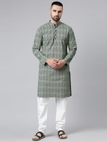 Image of Majestic Man Men's Cotton Regular Fit Casual Mandarin Collar Ethnic Motifs Printed Long Regular Kurta