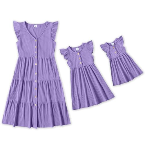 IFFEI Matching Family Dresses Cotton Ruffle Decor Mommy and Me Matching Dress Purple Girls 2T