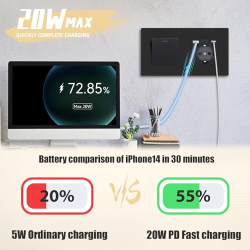 BSEED Lichtschalter mit Steckdose mit USB/TYPE C Schnellladen 20W, 1 Fach 2 Weg Taste Schalter mit Schuko Steckdose unterputz, Wandschalter mit PC Rahmen f&uuml;r Handy, Pad usw- Schwarz