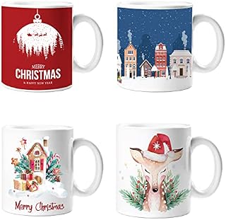 Christmas Mugs Set of 4 Xmas Coffee Festive Secret Santa Gifts for Adults Home Kitchen Cups Christmas Tableware Xmas Decorations Mug Set Office Tea Cups Ceramic Winter Design