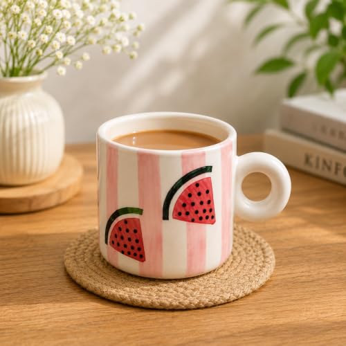 Image of Niyara Stoneware Handmade Premium Ceramic Tea Cups and Coffee Mugs Set of 2 (Watermelon Printed)