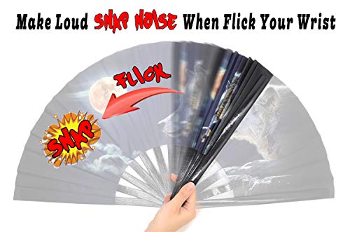 Omytea Large Rave Folding Hand Fan For Men/Women - Chinese/Japanese Kung Fu Tai Chi Handheld Fan With Fabric Case - For Performance/Wall Decorations/Dancing/Festival/Gift (Full Wolf Moon) #TOP5