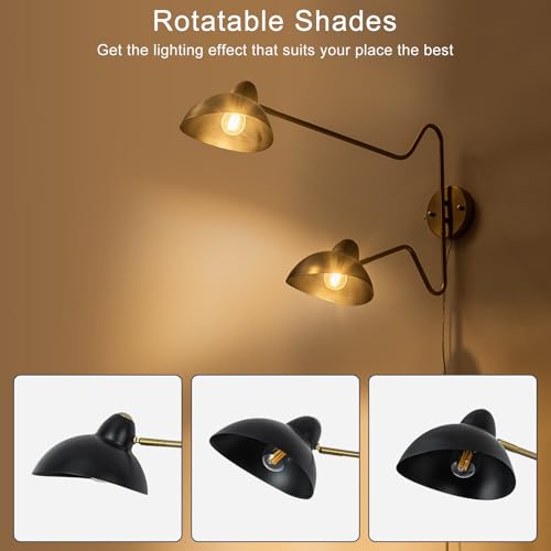 Image of Black and Gold Plug in Wall Sconce, 2-Light Swing Arms Wall Lamp with Plug Cord Big Wall Mount Lighting Fixture for Living Room Bedroom