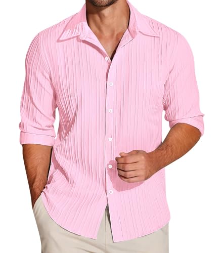 Image of FILO HEVIS Men's Casual Button Down Popcorn Shirts Stylish Long Sleeve Linen Textured Beach Summer Shirt