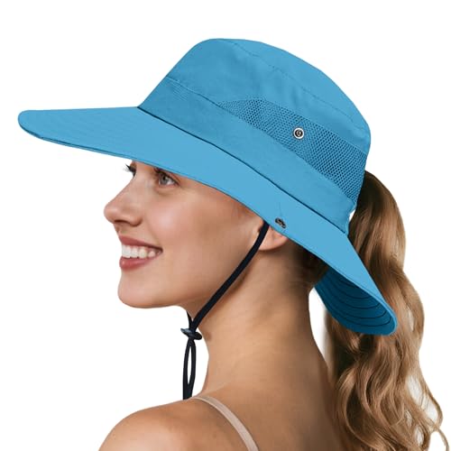 Image of NPQQUAN Ponytail Sun Hats for Women UPF 50+ Wide Visor UV Protection Packable Hat for Beach Hiking Gardening
