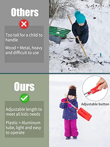 Kids Snow Shovel with Adjustable Handle- Detachable Red & Blue Plastic Snow Shovel for Kids- Portable Kids Shovels for Digging Snow Beach (Age 3+, 2 Packs)