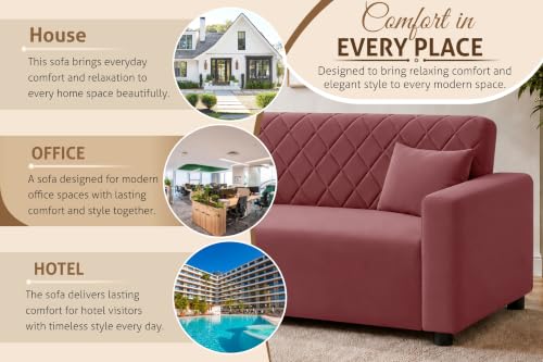 Image of Rosebell 3 Seater Wooden Sofa for Living Room, Modern Fabric Upholstered Sofa with Quilted Backrest, Cushioned Seating, Padded Armrests & Sturdy Wooden Frame - Rose Pink