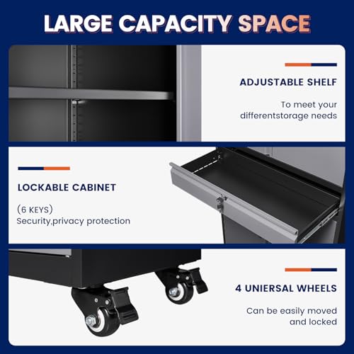 Image of Yizosh Metal Garage Storage Cabinet with Locking Doors and Adjustable Shelves, -73 inch Steel Rolling Tool Storage Cabinet with 4 Wheels and 1 Drawer for Garage,Office,Warehouse