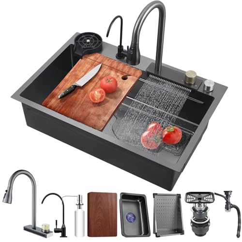 Juego de fregadero de cocina de acero inoxidable 304 con grifo extraíble, diseño de cascada Raindance, acabado negro, incluye múltiples accesorios