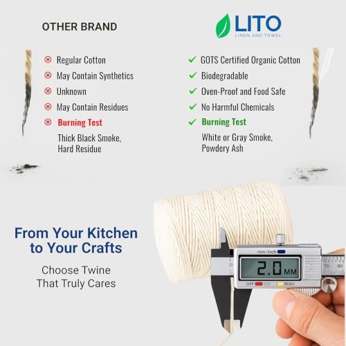Image of LITO LINEN AND TOWEL 100% Organic Cotton Twine Macrame Thread | Natural Cotton String for Cooking, Baking, Wrapping, Crafts, DIY Garden Decor & Gift Packaging (Natural, 16PLY- 500 FEET- Pack of 1)