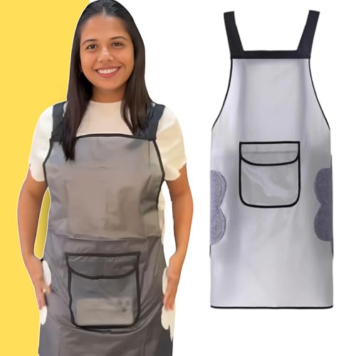 Image of HomeEssentials Apron for Kitchen - Side Coral Velvet Towel for Wiping Hands /Waterproof & Oil Proof /Adjustable Strap /Pockets for Mobile,Kitchen Tools /Perfect Apron for Home, Restaurant