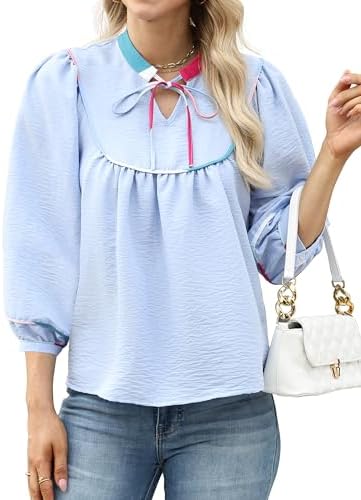 Womens Babydoll Tops Lantern Sleeve Shirts V Neck Loose Fit Cute Peplum Flowy Blouses