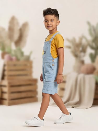 Image of KiddoPanti Unisex Denim Cargo Dungaree Shorts | 69.1% Cotton 29% Spun Poly 1.9% Spandex | Above Knee Length | Soft Breathable Summer Dungaree