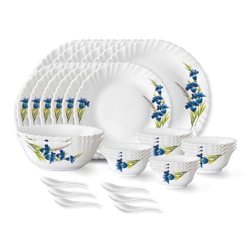 Image of Larah by Borosil Nina Fluted Series Opalware Dinner Set | 33 Pieces for Family of 6 | Microwave & Dishwasher Safe | Bone-Ash Free | Crockery Set for Dining & Gifting | Plates & Bowls | White