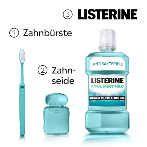 LISTERINE Cool Mint Mild 500 ml, antibakterielle Mundspülung mit ätherischen Ölen und ohne Alkohol, mildes Mundwasser bekämpft wirksam Bakterien, optimale Ergänzung zur täglichen Zahnpflege