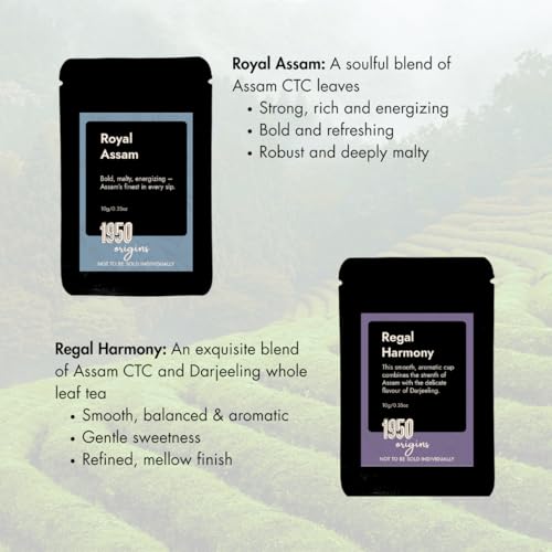 Image of 1950 Origins Tea Sampler Pack 6 Flavours x 10 g, 60 Gram Trial Box | Premium Black Tea | Assorted Tea Pack | Pure Assam and Darjeeling Leaves | 100% Natural Loose Leaf | Rich, Flavourful and Fresh