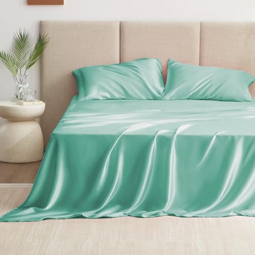 Love's cabin Twin Satin Sheets Sets - 3 Piece Aqua Silky ed Sheets with Deep Pockets, Luxury Silk Feel Satin Twin Size Sheet Set Bedding Set (1 Flat Sheet,1 Fitted Sheet,1 Pillow case)