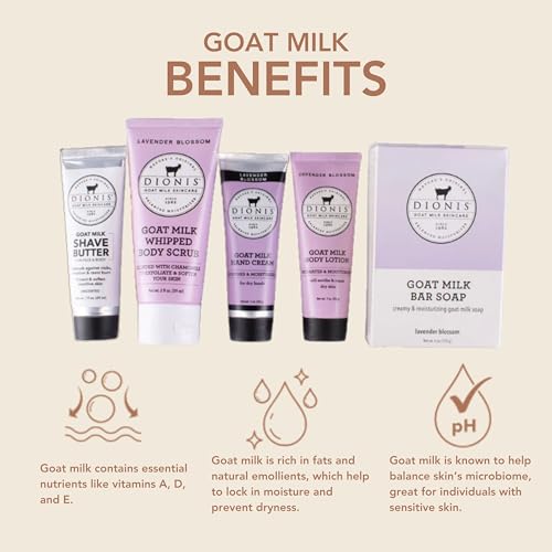Image of Dionis Goat Milk Lavender Blossom Hand Cream, Body Lotion, Whipped Body Scrub, Shave Butter, Bar Soap 3 oz & Carrying Case 6-Piece Travel Set