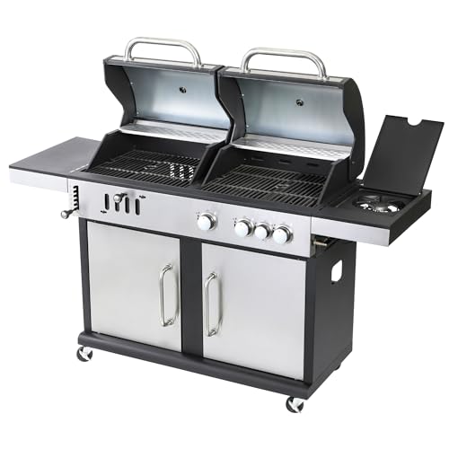 Sac Dual Fuel Combi Portable Grill with 3 Gas Burners, Side Burner and Charcoal BBQ, Cast Iron Grids, Stainless Steel Thermometer and Storage