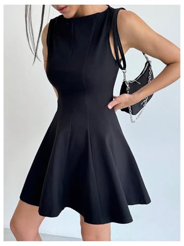 Image of Milumia Boat Neck A Line Flared Mini Dress Summer Casual Club Party Short Sleeveless Tank Dresses Black Medium