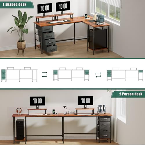 59 inch L Shaped Computer Desk with Power Outlets, Home Office Desk with 4 Adjustable Storage Drawers & 2 Monitor Stands, Two Person Gaming Table for Bedroom, Rustic Brown
