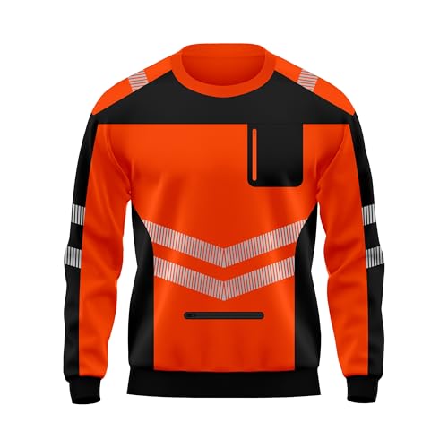 TORO ACTIVA Mens Hi Vis Pullover Pockets Crew Neck Cuffed Sweatshirt Safety Work Wear Reflective Tape High Visibility Security Top S-2XL (UK, Alpha, XL, Regular, Regular, Black Orange)
