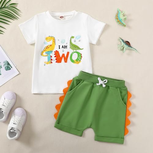 DELIMALI Baby Boy Second Third Birthday Outfit Dinosaur 2nd 3rd T-shirt Shorts Set Two Three Years Old Birthday Clothes (A-Green Two, 2-3T)