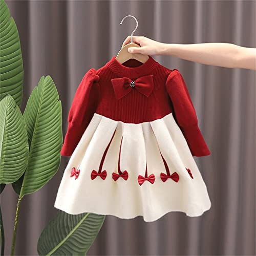 KAGAYD Little Girls Knit Sweater Dress Bowknot Print Winter Sweater Dress Long Sleeve Crew Neck Princess Dresses2